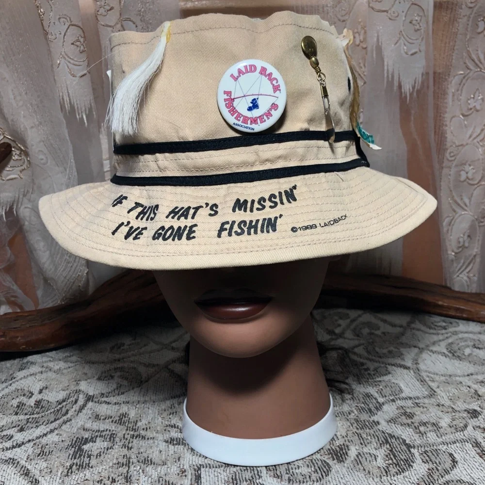 Beige Fishing Bucket Hat with Fun Patches - Picture 1 of 8